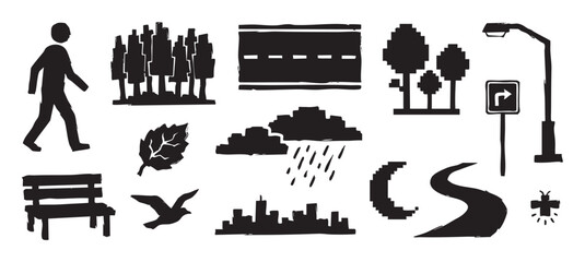 Obraz premium Collection of black hand-drawn icons in a graphic block print style featuring urban and nature elements like a pedestrian, city, road, trees, bench, and weather symbols