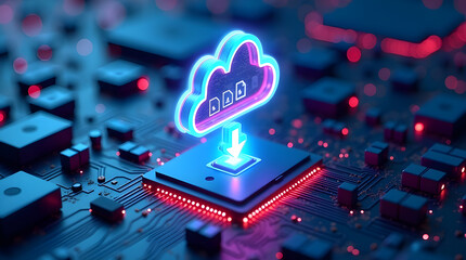 Cloud download technology on processor chip, secure cloud computing concept for data transfer, online storage, digital infrastructure, and modern information technology systems
