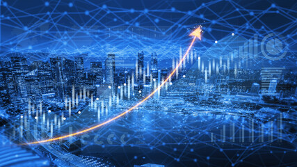 A stunning night view of a futuristic city skyline featuring digital graphs and an upward trend, depicting growth and innovation in finance and technology. Scalp