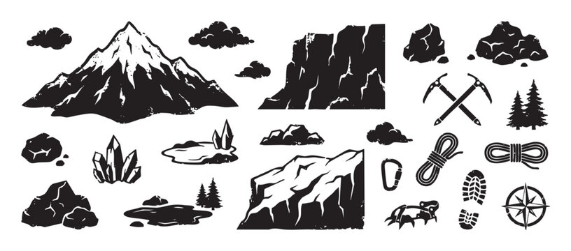Black and white icon set of mountain climbing and hiking gear with nature elements like peaks, rocks, and trees in a distressed, rustic vector illustration style