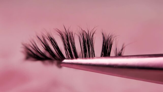 Closeup of false eyelash held by tweezers on soft pink background for makeup application