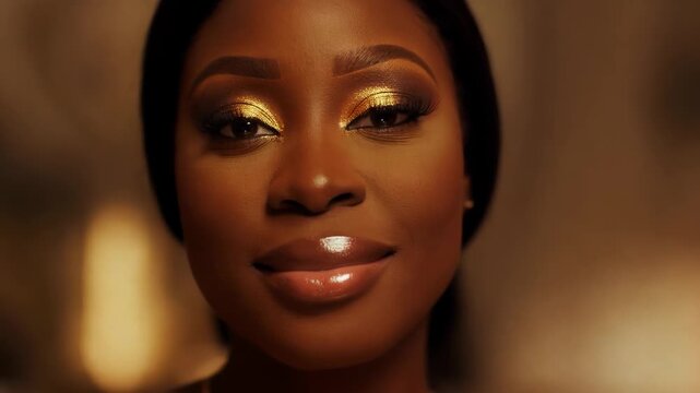 Glamorous close up of african american woman with golden eye makeup and glossy lips in an elegant setting during evening hours