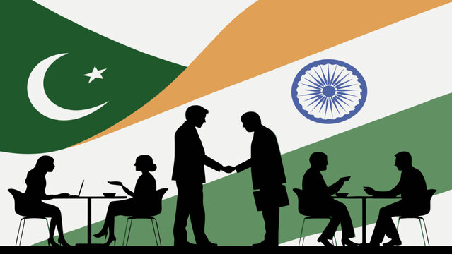 Business Cooperation and Diplomatic Relations between Pakistan and India with Handshake, Meeting Silhouettes, and National Flags Background