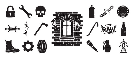 Obraz premium Collection of black urban grunge icons including a skull, graffiti, grenade, and barbed wire, representing street culture, rebellion, and protest themes in a stencil vector style