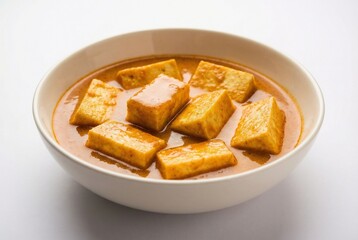 Indian Paneer Curry on White Background, Soft Paneer Cubes in Spiced Orange Sauce, Minimal Product Food Photography, Low Cuisine