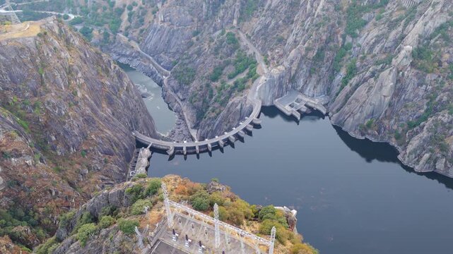 Aerial, Hydropower, Aldeadavila dam, Spain,  in a gorge, sustainable electricity production