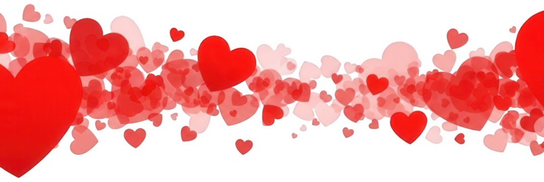 Valentine Dense horizontal border of floating red and pink heart shapes ideal for romantic valentines day banner design or celebration background - Powered by Adobe