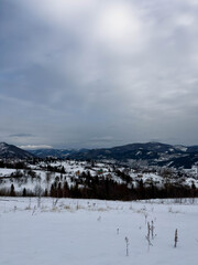 Mystical snowy Carpathian peaks under cloudy skies
