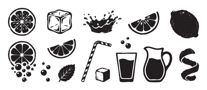 Black and white grunge icon set for making lemonade, featuring citrus fruit slices, ice cubes, a glass, pitcher, mint leaf, straw, and a refreshing liquid splash