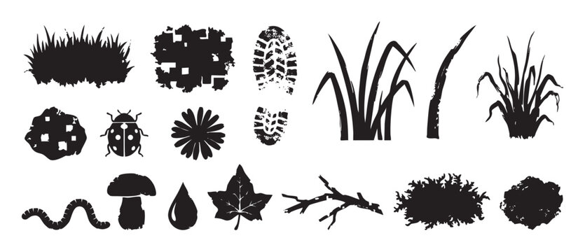 Set of black nature and outdoor silhouettes including grass, a boot print, a ladybug, a mushroom, and a leaf, presented in a graphic grunge stamp or stencil style design
