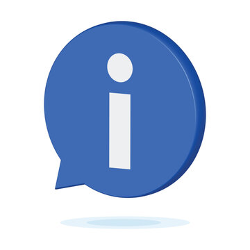 Blue 3D information icon. Realistic isometric speech bubble with white letter i inside. Help and support symbol with shadow. FAQ customer service button isolated on white background.