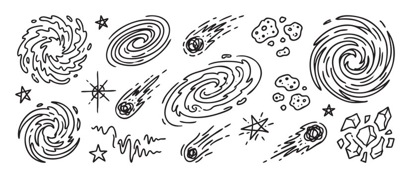 Hand drawn black and white space element doodles including spiral galaxies, falling comets, asteroids, and stars in a simple sketch line art illustration set