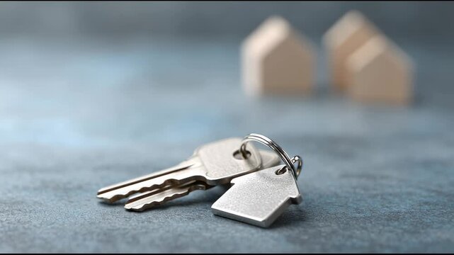 Metal house keys resting on gray table surface, wooden miniature houses blurring softly behind, symbolizing property ownership and real estate investment potential