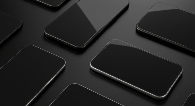 Black smartphones arranged in diagonal pattern on dark surface with sleek reflections