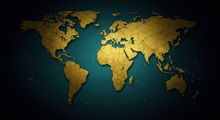 Naklejka premium Gold world map on dark teal background with textured continents and empty space