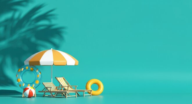 Beach lounge chairs with striped umbrella and pool floaters on turquoise background
