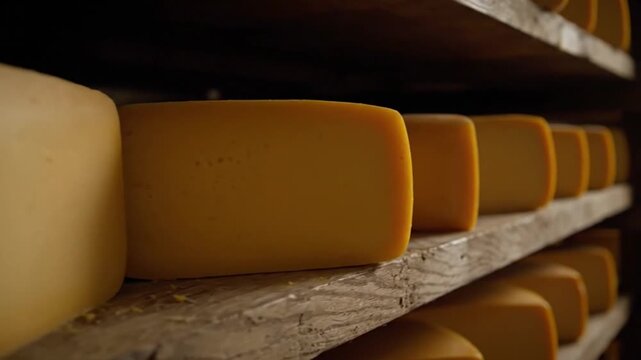Traditional Aging Cheese Blocks on Rustic Wooden Shelves