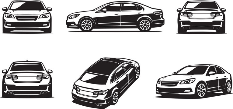 Car Icon Set &ndash; Black Sedan from Multiple Views (Front, Side, Rear, Top, 3D Angle)