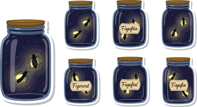A collection of dark glass jars contains glowing fireflies against a night sky background, labeled with variations of the genus name.