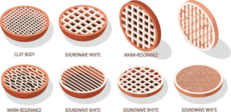 Eight isometric views of round clay soundwave resonators illustrate variations in material and pattern design.