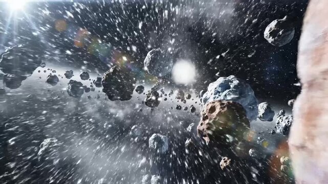 Dynamic view of an asteroid belt in space