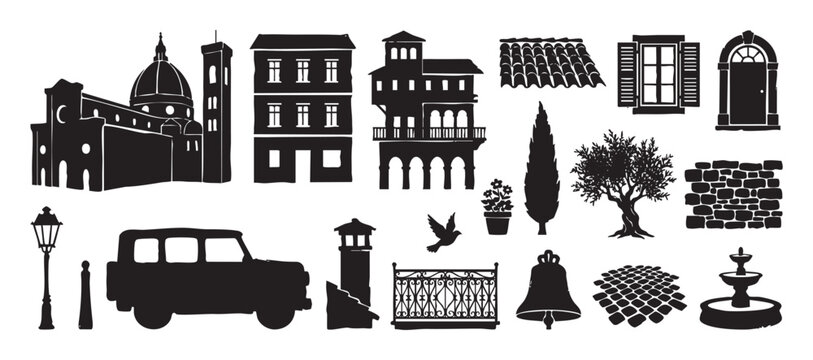 Set of black hand-drawn Italian-style silhouettes featuring a cathedral, traditional houses, a vintage car, cypress and olive trees, a fountain, and other classic European elements