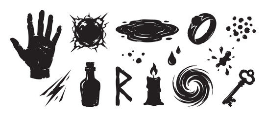 Collection of black magic occult symbols including a hand, candle, key, potion, rune, and ring in a hand-drawn grunge stamp style for mystical or fantasy themes
