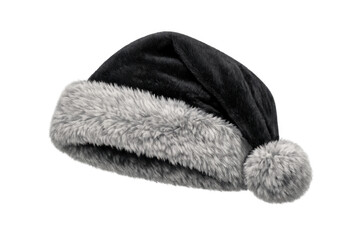 Black santa hat with grey faux fur trim and pompom. Winter holiday accessory for christmas celebration on transparent background