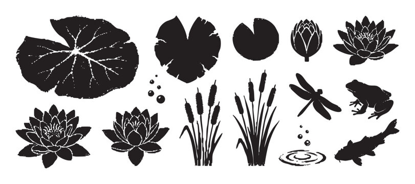 Set of black pond life silhouettes including water lily, frog, dragonfly, koi fish, and cattail reeds with a distressed, stamped texture for graphic design elements