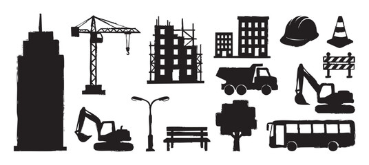 Obraz premium Collection of black construction and city silhouettes including a crane, excavator, truck, and buildings, rendered in a rough, grunge stamp style for urban development themes