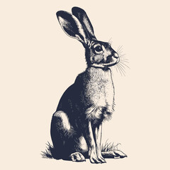 vintage engraved hare sitting upright, detailed natural history animal illustration with calm wildlife character isolated on light background.