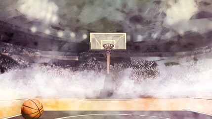 Dramatic watercolor basketball scene captures sports energy under stadium lights glow