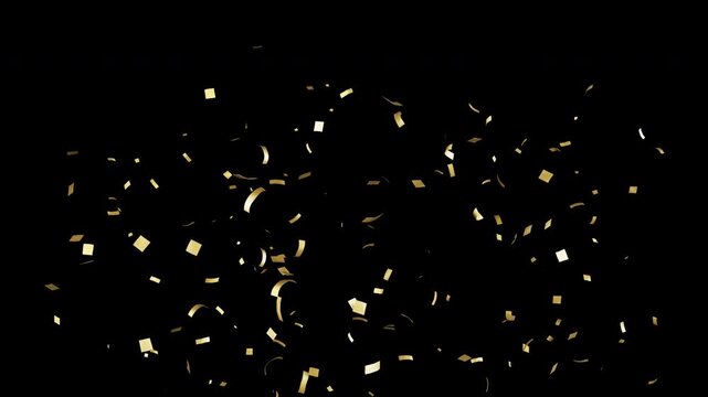 Small amount of golden confetti bursts from the bottom with explosions moving right to left and back. Seamless 3D animation on transparent background in 4K alpha channel for celebrations and overlays.
