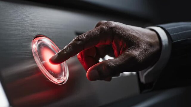 Hand presses elevator button illuminating red light signaling request for elevator. Modern building hallway is bright and sleek. Concept commercial real estate, technology, architecture