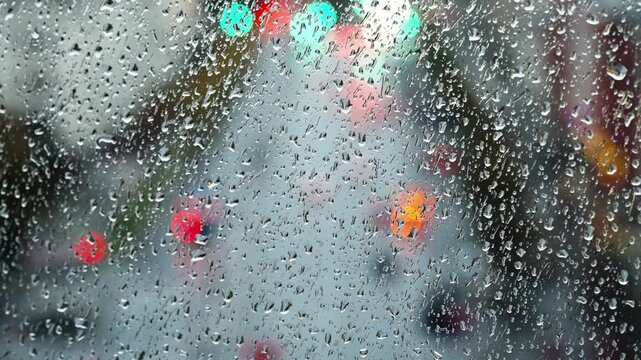 Raindrops on a windshield form bokeh from colorful city traffic lights, capturing the moody feel of a rainy evening commute with blurred streets and glowing reflections
