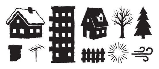 Obraz premium Set of black hand-drawn winter icons featuring houses with snow, trees, a fence, and weather symbols in a rustic, grunge, block print style
