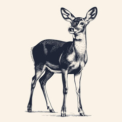 vintage engraving deer standing with detailed fur and elegant posture, classic natural history animal illustration calm and isolated on beige background.