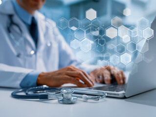 Doctor typing on laptop with stethoscope on desk and futuristic medical technology interface in hospital environment for healthcare innovation concept