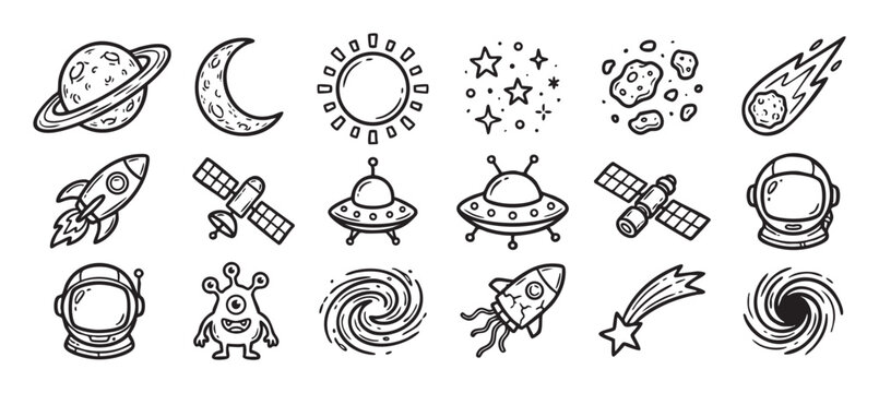 Collection of black and white space doodles including a rocket, planet, astronaut, alien, ufo, and satellite, hand-drawn in a simple, playful cartoon line art illustration style
