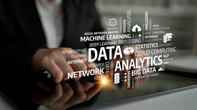 A close-up view of hands interacting with a tablet showcasing various data analytics concepts including machine learning, cloud computing, and network analysis. Tessel - Powered by Adobe