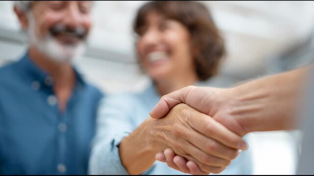 Mature homeowners celebrating successful property purchase. Exchanging joyful handshake with real estate agent after finalizing residential transaction. Expressing mutual satisfaction and excitement - Powered by Adobe