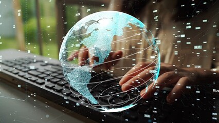 A conceptual image showing a person typing on a keyboard with a transparent digital globe overlay, illustrating global connectivity and technology advancement in everyday life. Xenic
