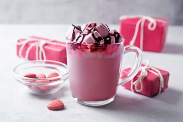 Red velvet hot cocoa drink with marshmallow topping