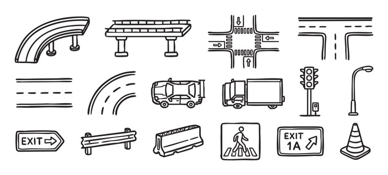 Hand-drawn set of road traffic icons including a car, truck, intersection, signs, and highway elements in a simple black and white doodle style for transportation concepts