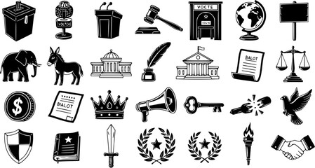 Obraz premium Black and White Political Icons Set: Voting, Government, Justice, and Symbols