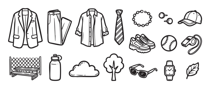 Hand-drawn collection of various black outline icons showing clothing, sports gear, and nature objects like a jacket, baseball, and tree in a doodle sketch style