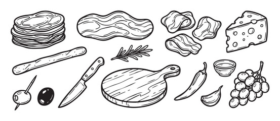 Obraz premium Hand-drawn black and white illustration set of charcuterie board elements including cheese, cured meat, grapes, olives, and bread in a vintage sketch style