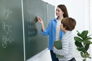 Teacher explaining mathematics at chalkboard and schoolboy in classroom