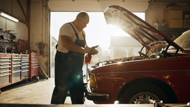 Mechanic in overalls wipes grease from hands after working on vintage car engine. Sunlight streams through garage door, illuminating the authentic workshop atmosphere and red automobile