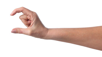 Woman showing size of something on white background, closeup